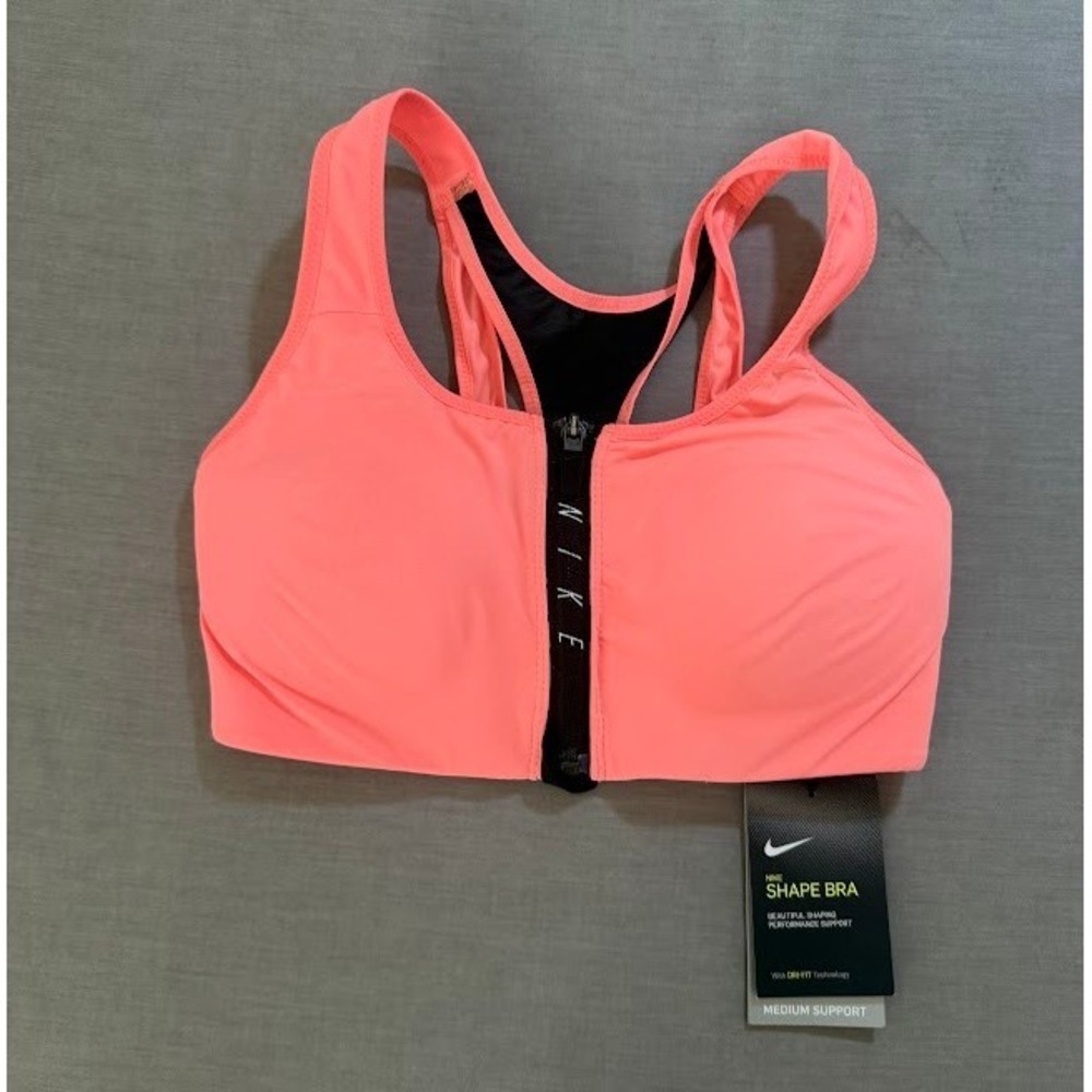 Nike Shape Bra Coral Pink‎ Front Zip Medium Support Dri Fit Activewear Top XS
